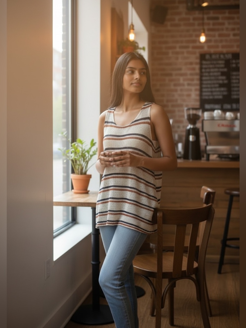 2 Hearts Striped Knit Scoop Neck Tank in Cream, Navy & Brown